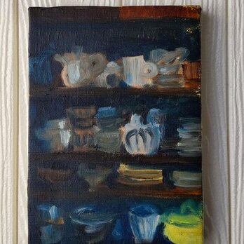 額装絵画「電気を付けてない部屋の食器棚」原画・サムホール・油彩画の画像