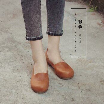 【受注製作】ぺたんこ丸トウ　手製裁縫牛革レザーパンプス　靴　茶色　DKT73の画像