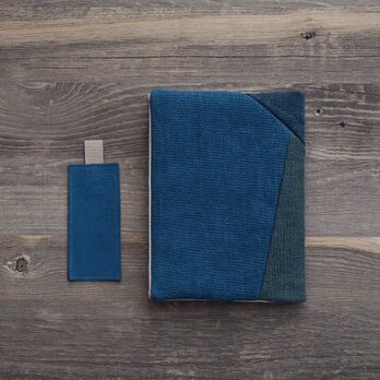 リネンのパッチワーク ブックカバー（藍、楊梅＋藍、五倍子＋藍）の画像