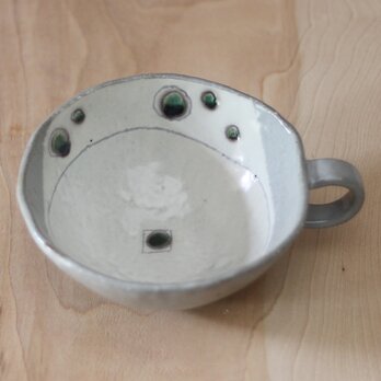 陶器 織部+粉引点模様スープカップ　m85の画像
