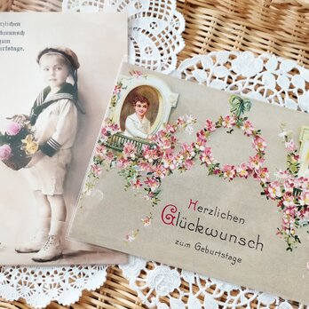 ドイツ製ポストカード【Germay】2枚セット（セーラーカラーの少年／窓辺の二人）の画像