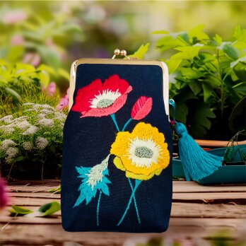 レトロなポピーの刺繍がま口の画像
