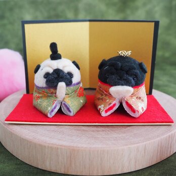 【数量限定】ひなまつり -桃の節句- まゆパグ(フォーン・黒)の雛人形セット　和柄タイプ　羊毛フェルト※受注製作
