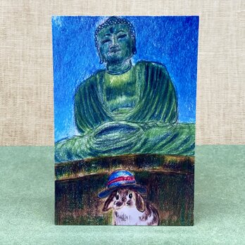 [うさぎ鎌倉大仏を訪れる]ポストカード2枚組セットです。の画像