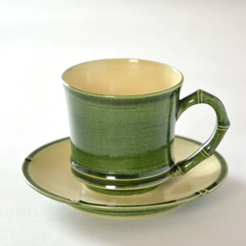 竹節緑釉珈琲碗皿　京焼　柴田恭久作　陶器の画像