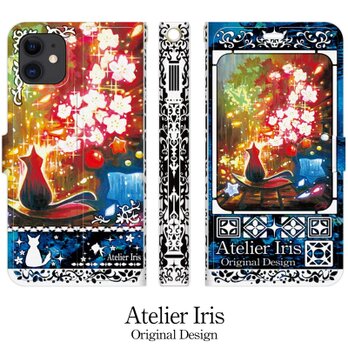 【花見の桜猫】猫 油絵 iPhone 手帳型 スマホケース 携帯ケース 送料無料 青テクスチャーの画像