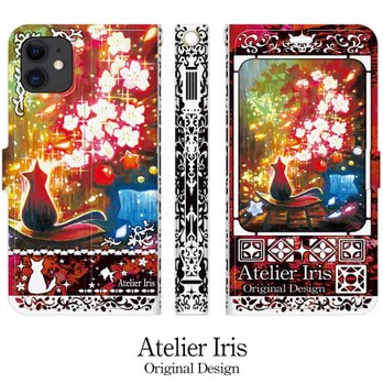【花見の桜猫】猫 油絵 iPhone 手帳型 スマホケース 携帯ケース 送料無料 赤テクスチャーの画像