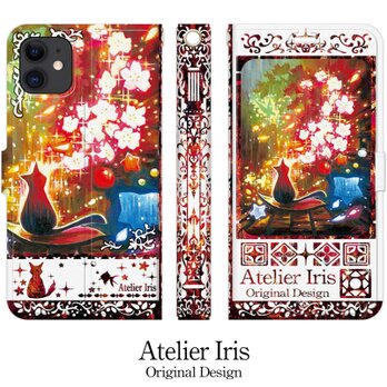 【花見の桜猫】猫 油絵 iPhone 手帳型 スマホケース 携帯ケース 送料無料 白地レッドの画像