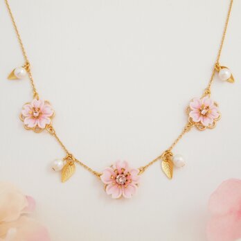 桜とリーフのネックレス  ～花の宴～ （ つまみ細工＊受注制作 ）の画像