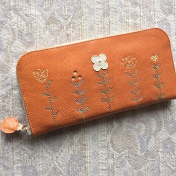 刺繍革財布『LIFE』つやORANGE（ヤギ革）☆スリムタイプ☆ラウンドファスナー型の画像