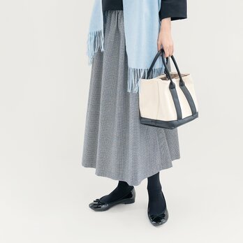 季節を問わずはける 大人のお出かけスカート 千鳥柄 黒 ギャザー ロングスカート ●TINA●