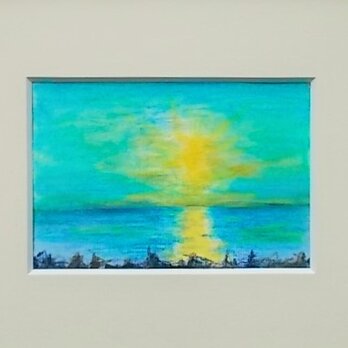 絵画 インテリア 額絵  水彩と色鉛筆のコラボ画 空と海と光との画像