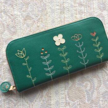 刺繍革財布『LIFE』GREEN（牛革）Slim☆ラウンドファスナー☆の画像