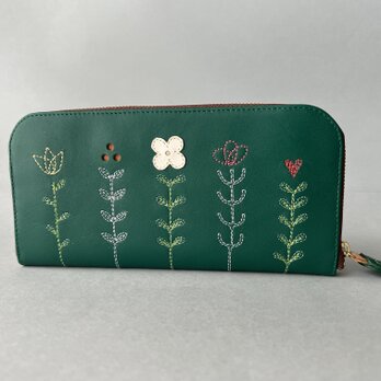 刺繍革財布『LIFE』GREEN（牛革）Slimラウンドファスナーの画像