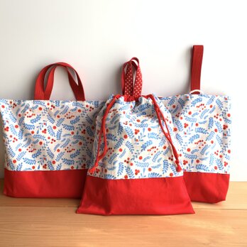 【入学・入園】3点セット♡まんまる赤い実柄♡レッスンバッグ　上靴袋　お着替え袋の画像