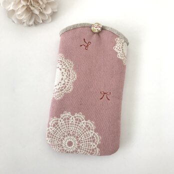 スマホケース スマホポーチ iphoneケース iphoneポーチ レース柄　ピンク 布 スリム 軽いの画像