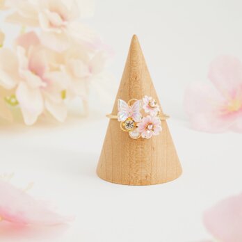 桜と蝶々のリング  ～花の宴～ （ つまみ細工＊受注制作 ）の画像