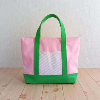 【在庫処分SALE40%OFF】春色のハートポケット　ファスナー付きハンドバッグ　トートバッグ　ピンク×グリーン帆布 　268