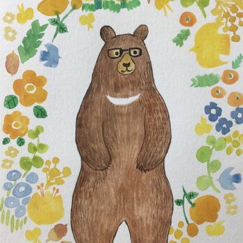メガネをかけたクマ　原画　水彩　色鉛筆　北欧リース　お花　の画像