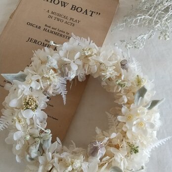 ブルースターの春雪wreath (プリザーブドフラワードライフラワーグリーン　アンティーク ギフト)の画像