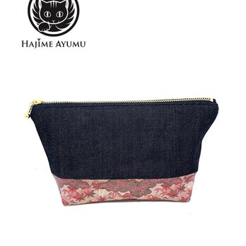 【現品限り‼︎】HAJIME AYUMU 高級児島デニム&高級着物帯リメイクデザインポーチ ネイビー×ピンクの画像