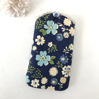 スマホケース スマホポーチ iphoneケース iphoneポーチ 花柄 大柄 ネイビー ブルー 紺 布 スリム 軽いの画像