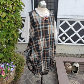 着物リメイク　古布　手作り　 珍しい　チェック、縞　ジャンパースカートの画像