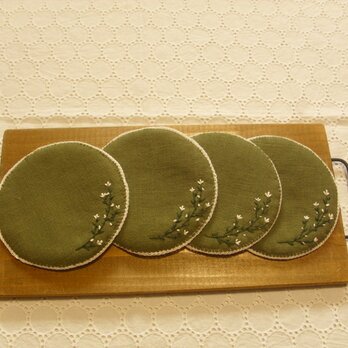 刺繍のまるこいコースター4枚セット（緑）の画像