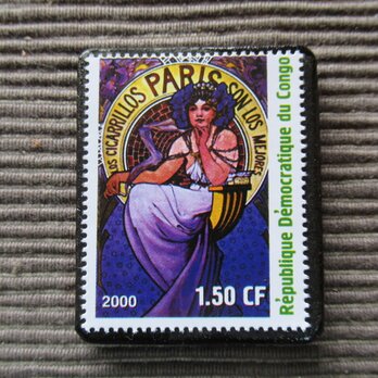 コンゴ「ミュシャ」美術切手ブローチ7259の画像