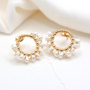 14KGF ワイヤーピアス・ホワイト 淡水パール スタッドピアス・小ぶり 淡水真珠 ピアス・シンプル・フォーマル・6月誕生石