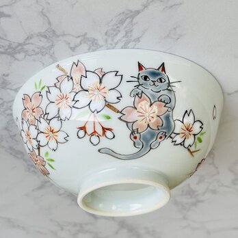 京焼　桜と２匹の猫　飯碗の画像