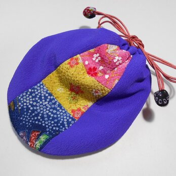 ちりめんパッチのミニ巾着袋/紫・桃黄紺の画像