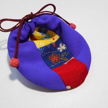 ちりめんパッチのミニ巾着袋/紫・黄紺赤の画像
