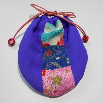 ちりめんパッチのミニ巾着袋/紫・青紺桃の画像