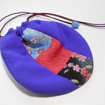 ちりめんパッチのミニ巾着袋/紫・青赤黒の画像