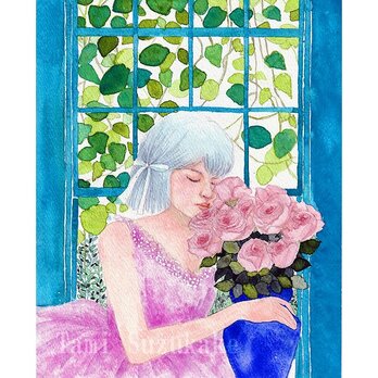 水彩画・原画「窓辺の少女と薔薇の花」の画像