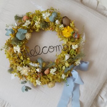 グリーンロゼカラーのwelcome wreath(グリーンドルチェ)リース　プリザーブドフラワードライフラワーの画像
