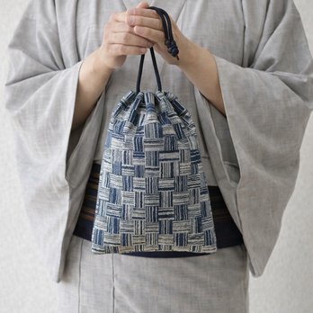 合切袋　デニム紺地製　「変わり市松　銀」