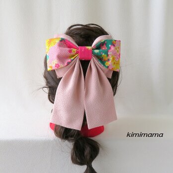 髪飾り 縮緬 Wリボンはいからさん(雪輪花&虹色ピンク)着物・袴・浴衣・卒業式・和装小物　　　　　の画像
