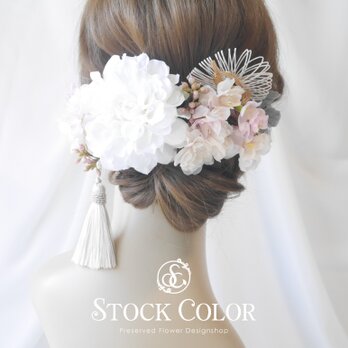 ダリアと八重桜のヘッドドレス ヘアアクセサリー(アイボリーピンク)＊結婚式 成人式 ウェディング 前撮り 髪飾りの画像