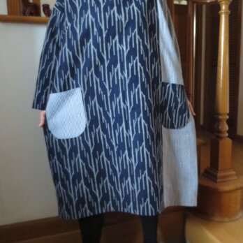 古布リメイク　コクーンワンピース　久留米絣　母の日プレゼント　　オリジナル　着物リメイク　ハンドメイドの画像