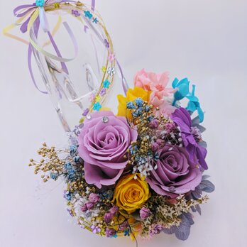 【プリザーブドフラワー／ガラスの靴／塔の上のパープルドレスのプリンセスの魔法の靴／フラワーケースリボンラッピング付き】の画像