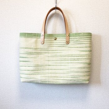 裂き織り　春爛漫なハンドバッグ（ヌメ革持ち手）の画像