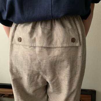 ヒップビックポケット手織り綿サルエルパンツ ベージュグレイ絣の画像