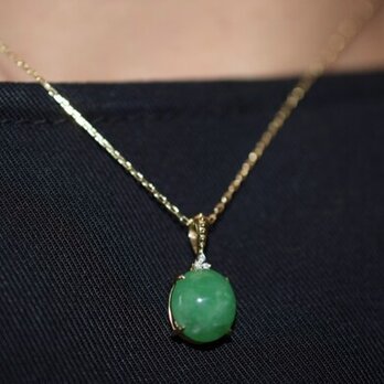 19受注製作 k18金ゴールド 天然 丸 緑 本翡翠 ペンダント ネックレスの画像