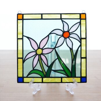 ステンドグラス ミニパネル 野花（白・ピンク） 15cmの画像