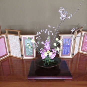 　八重桜の組子と切り絵　四種のミニ屏風の灯りの画像