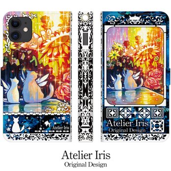 【花の咲く頃】猫 油絵 iPhone 手帳型 スマホケース 携帯ケース 送料無料 青テクスチャーの画像