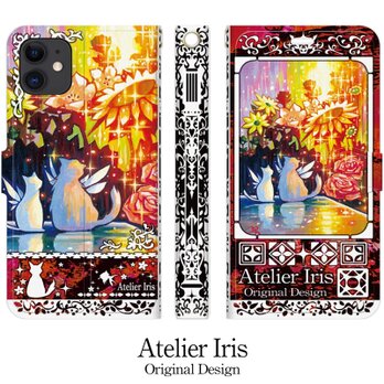 【花の咲く頃】猫 油絵 iPhone 手帳型 スマホケース 携帯ケース 送料無料 赤テクスチャーの画像