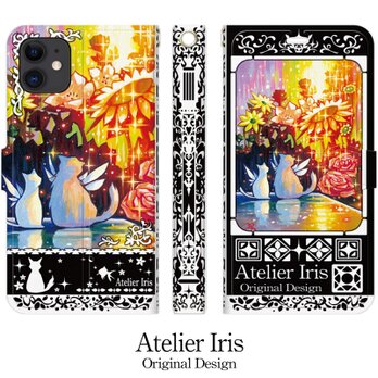 【花の咲く頃】猫 油絵 iPhone 手帳型 スマホケース 携帯ケース 送料無料 黒バージョンの画像
